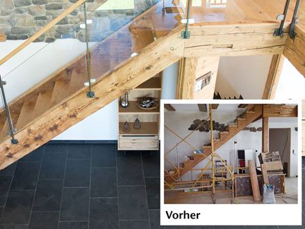Voor- en nafoto van een trap met hout en glas na renovatie met leisteen