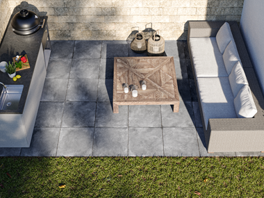 Terras met Vulkano 3cm betonlook platen met zitgedeelte en buitenkeuken