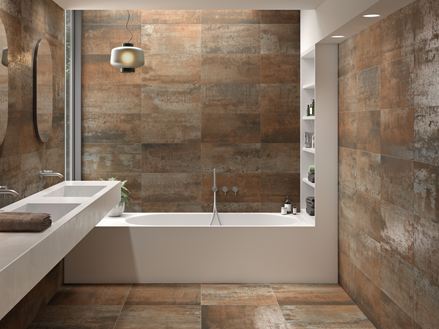 Badkamer met Iron Copper betonnen tegels met metaaleffect