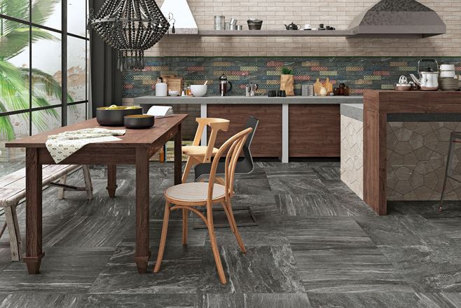 Keuken met Dolomit Black tegels in granietlook