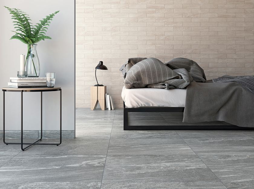Slaapkamer met Dolomit Silver tegels in granietlook